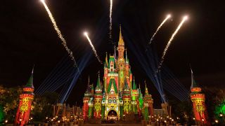 Cinderella Castle at Christmas with fireworks