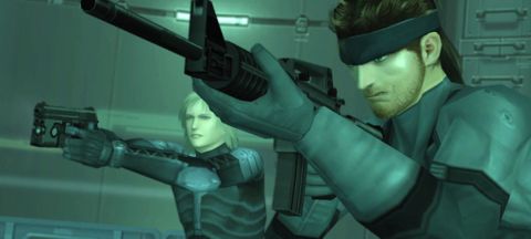 Solid Snake and Raiden hold assault rifles