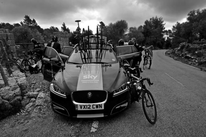 The Sky riders make a quick stop during their training ride