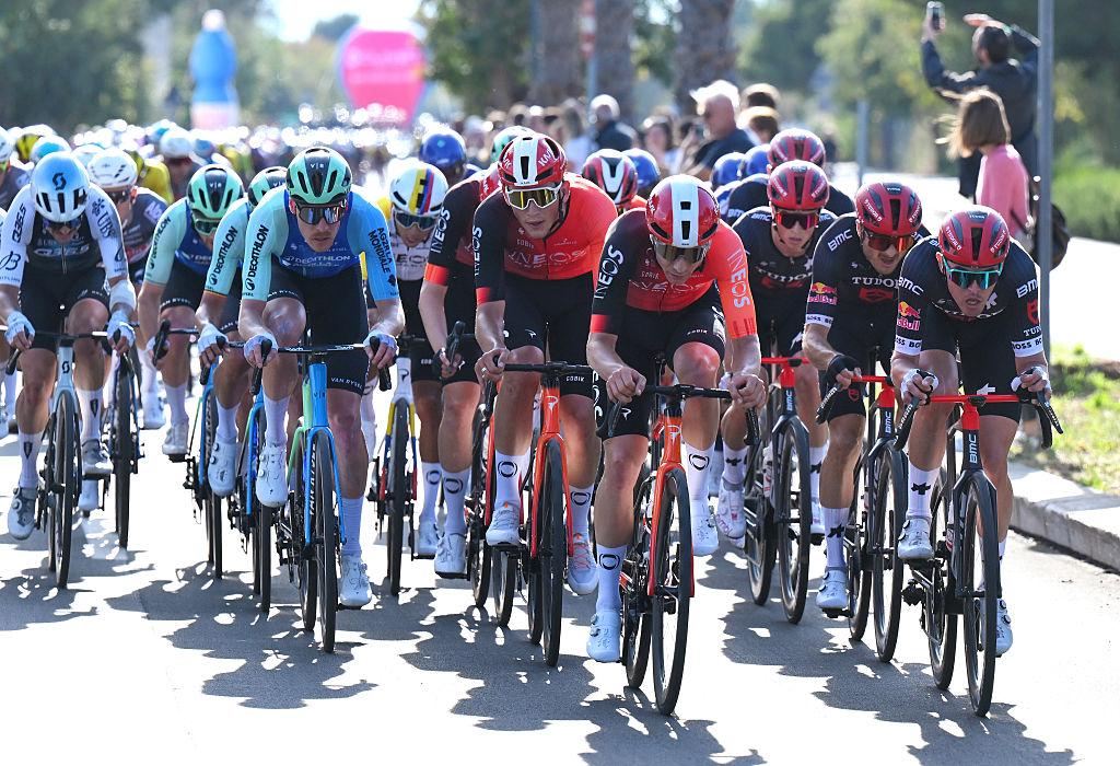 LECCE ITALY MAY 13 LR Dorian Godon of France and Team Decathlon AG2R La Mondiale and Joshua Tarling of Great Britain and Team INEOS Grenadiers lead the peloton during the 108th Giro dItalia 2025 Stage 4 a 189km stage from Alberobello Pietramadre to Lecce UCIWT on May 13 2025 in Lecce Italy Photo by Tim de WaeleGetty Images