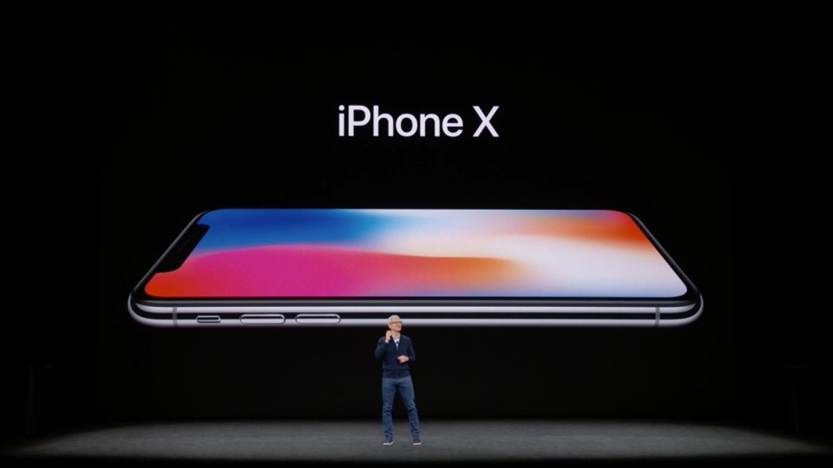 The iPhone X being revealed at an Apple event.