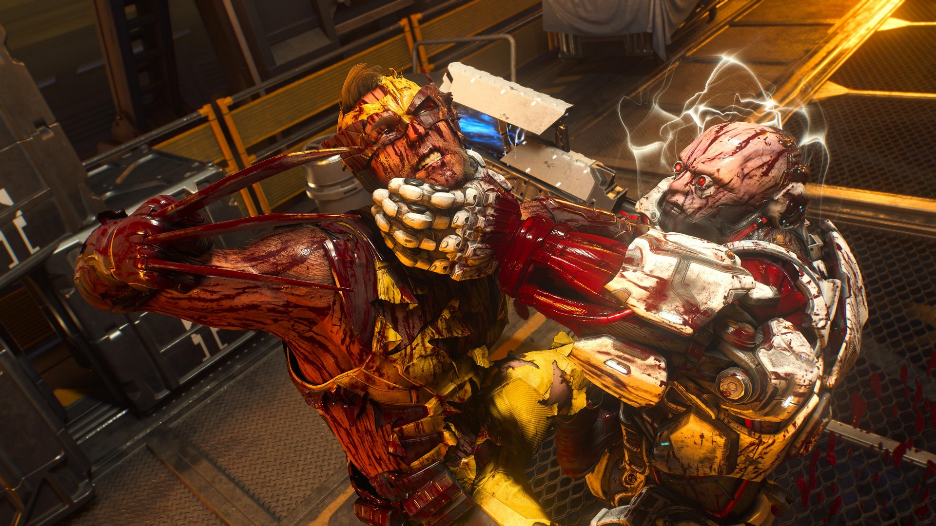 Logan is grappled by a Reaver Brute in Marvel's Wolverine as he's bloodied and his suit is in tatters