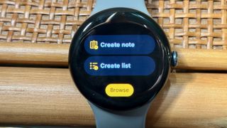 The Google Pixel Watch 3 showing the Google Keep Notes tile, with an option to Create note or Create list