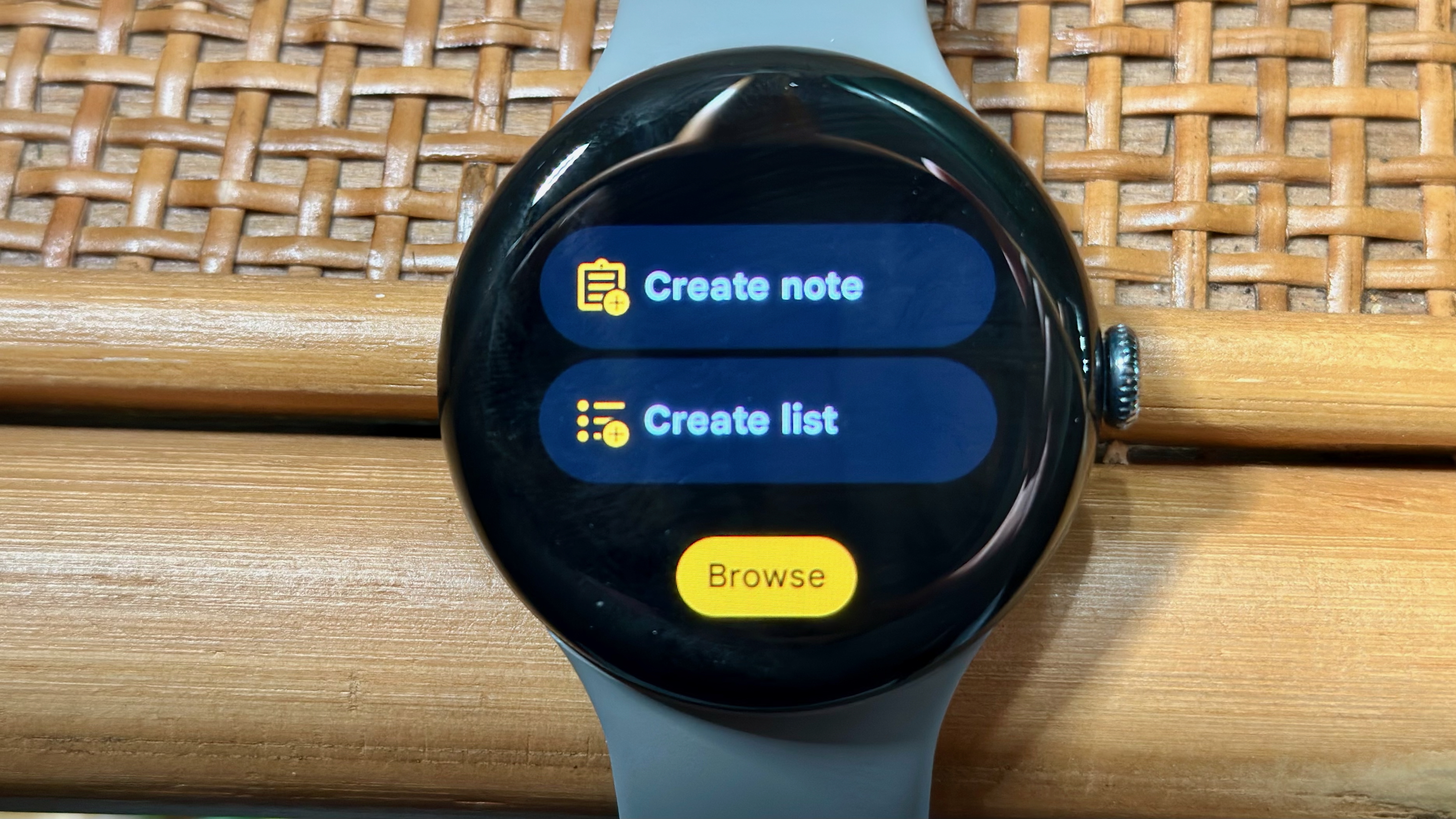 The Google Pixel Watch 3 shows the Google Keep Notes tile, with an option to Create Note or Create List