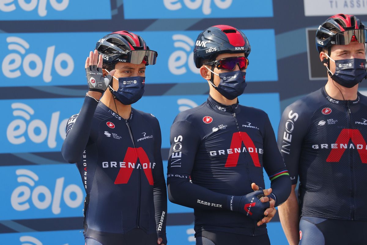 Egan Bernal waves at the start of stage 1 of Tirreno-Adriatico