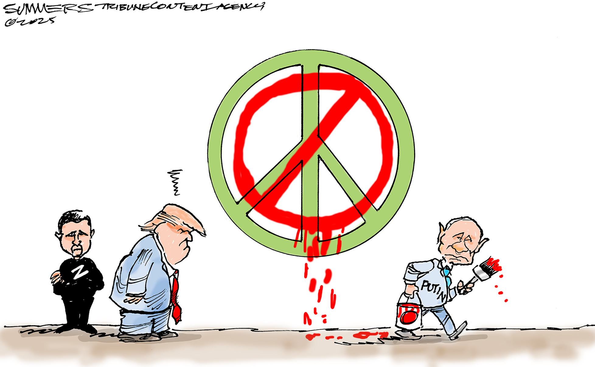 This cartoon depicts a large peace symbol with a thick diagonal line crossing it out. Vladimir Putin moves away from the symbol holding the can of paint and brush he used to cross out the peace symbol. To the left of the peace symbol, Donald Trump stands looking perturbed and surprised next to Volodymyr Zelenskyy, who has his arms crossed.
