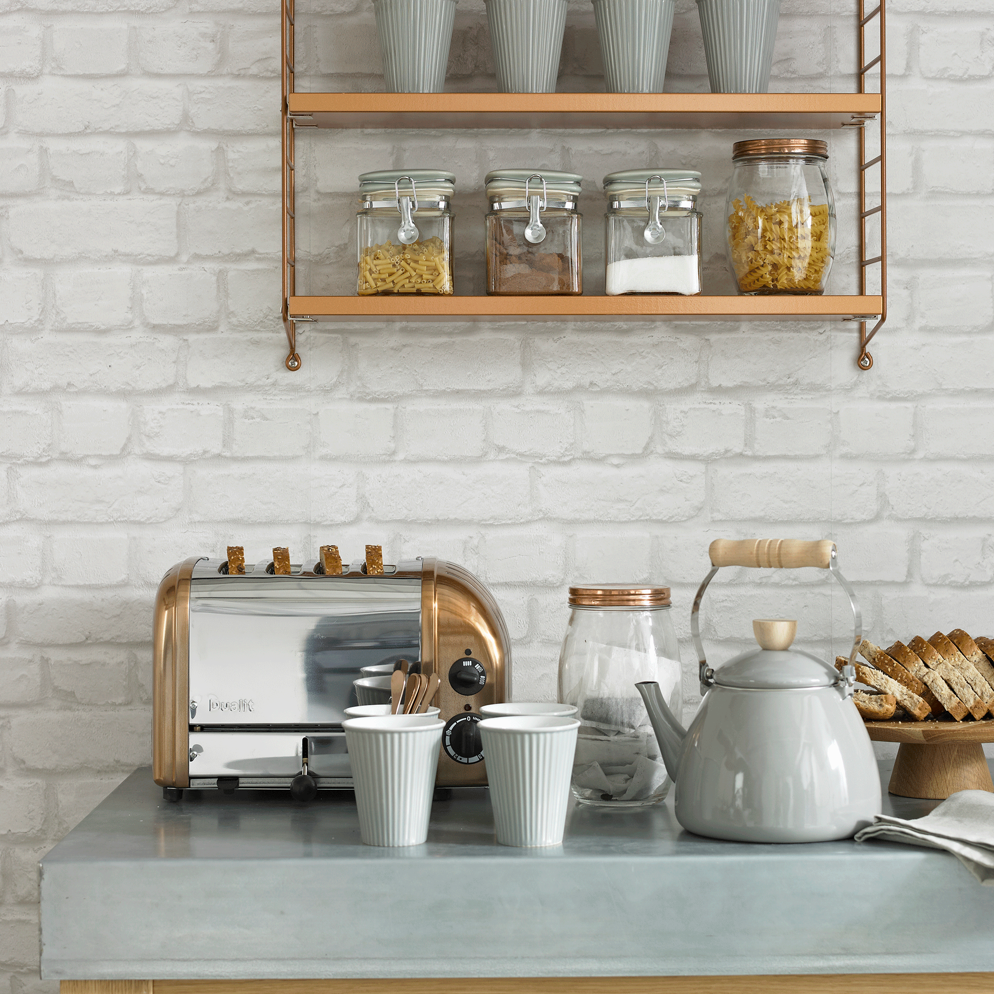 Kettle and toaster with mugs