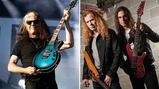 Alex Skolnick of Testament shows off his signature ESP singlecut as he performs at Belgium's Alcatraz Festival in 2024. On the right, Kiko Loureiro and Dave Mustaine of Megadeth photographed in the corridors backstage at Wembley Arena in 2015.