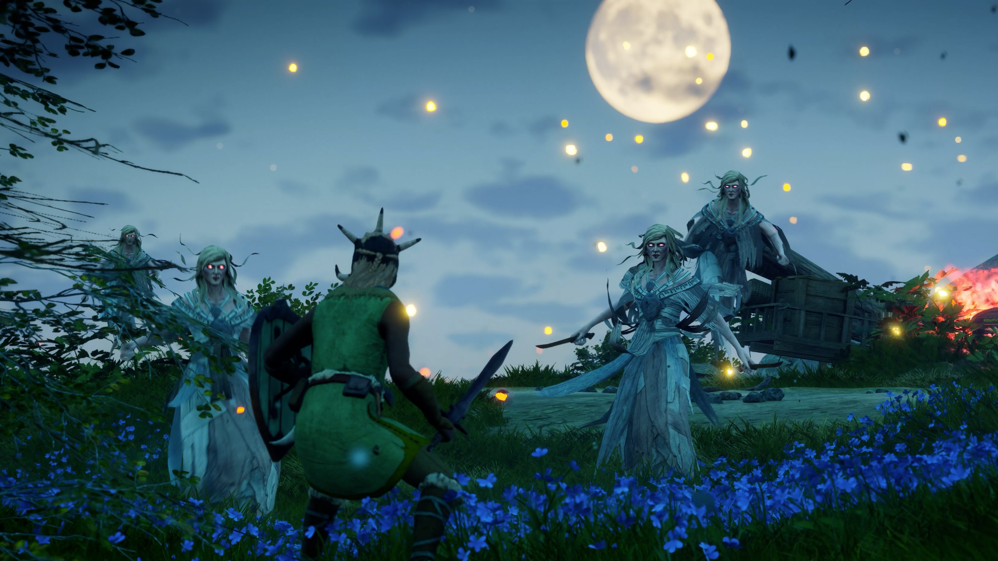 Ravenbound - a player stands with sword and shield ready facing several floating Vittra enemies wearing dresses and holding daggers beneath a full moon.