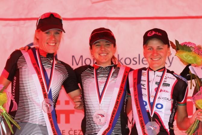 Stage 1 podium (L-R): Ellen Van Dijk (Specialized-lululemon), Evelyn Stevens (Specialized-lululemon) and Alena Amialiusik (BePink)