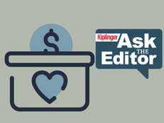 illustration of a dollar coin being dropped into a donation box which contains a heart icon. And the Kiplinger Ask the Editor logo.