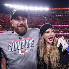 Travis Kelce and Taylor Swift attend the AFC Championship Game in 2025