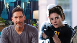 Tom Ellis seated to promote CIA and Missy Peregrym as Maggie with a gun in FBI