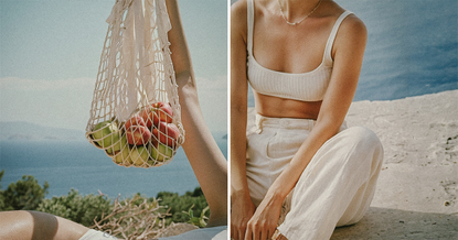 Sustainable living: A woman holding a woven bag of fruit and a woman sitting down