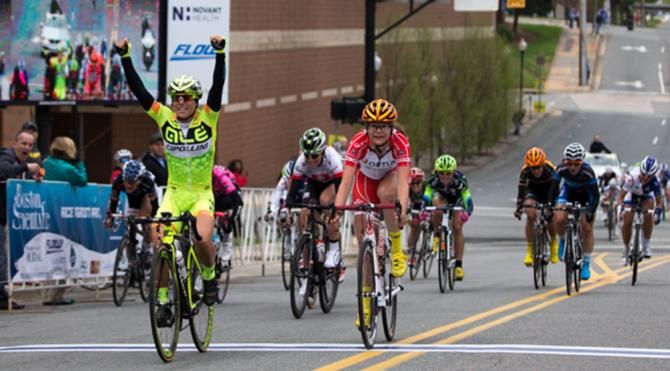 Shelley Olds (Al&eacute; Cipollini-Galassia) celebrates her win at the Winston-Salem Cycling Classic Friday in Winston-Salem, N.C.