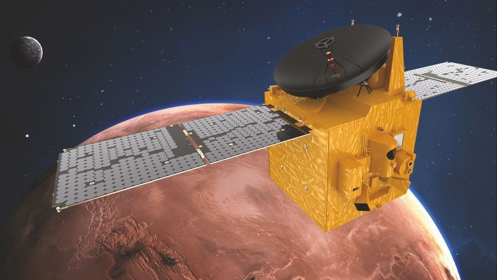 An artist's depiction of the UAE's Hope Mars spacecraft orbiting the Red Planet.