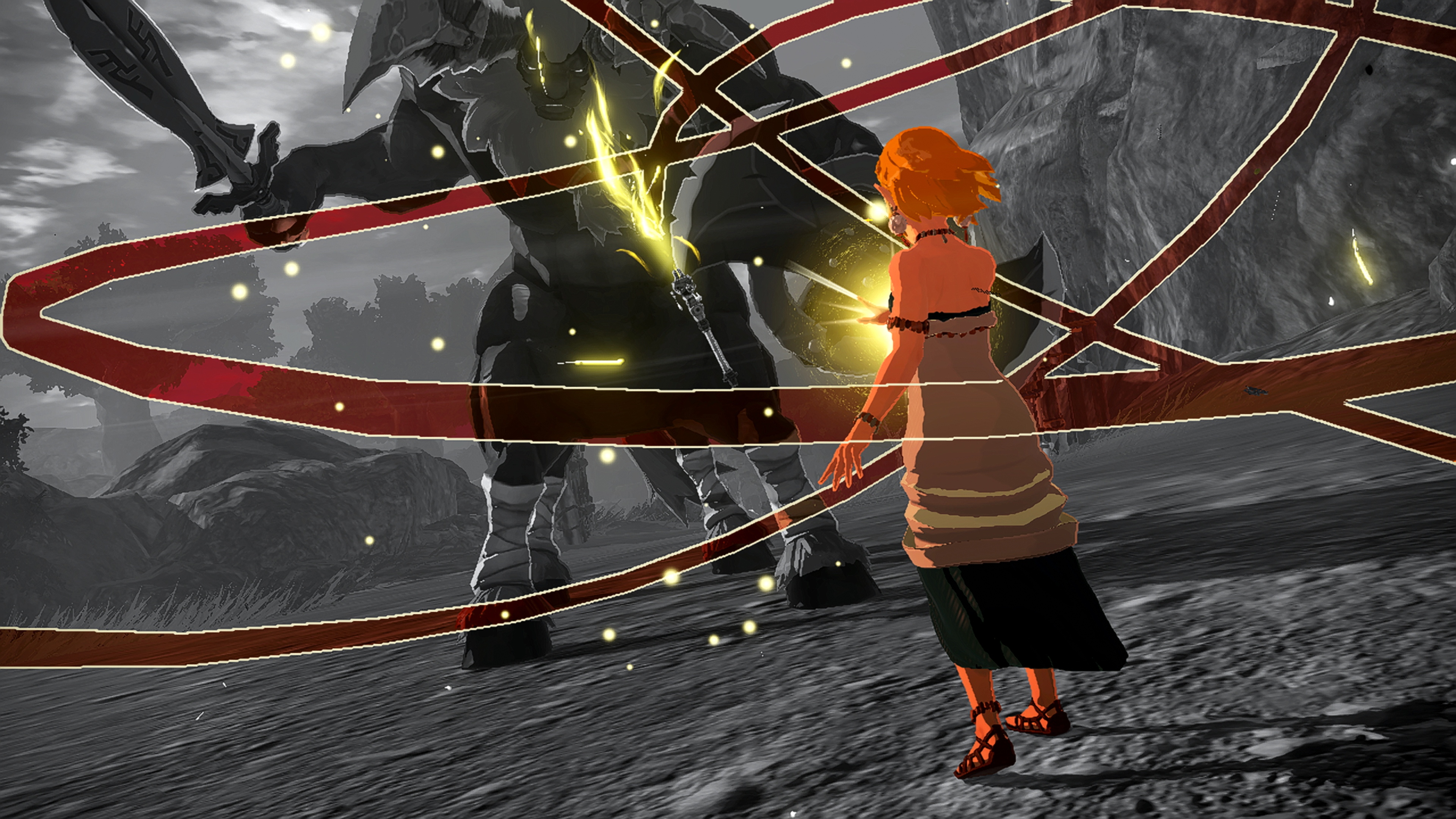 Hyrule Warriors: Age of Imprisonment screenshot showing Zelda facing off against an enemy in black and white, with stripes of red cutting through the fight