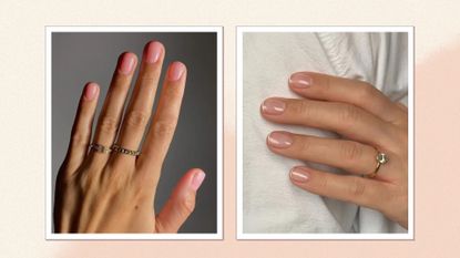 On the left, a hand pictured with a sheer, pink manicure by nail artist @matejanova/Mateja Novakovic and on the right, a hand with natural nails topped with a clear coat and white French tips by nail artist @gel.bymegan/ in a cream and beige template