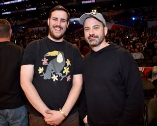 Kevin Kimmel (left) and Jimmy Kimmel (right) at an NBA game