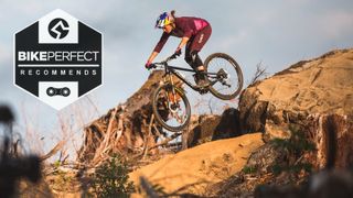 A female mountain bike rider in action