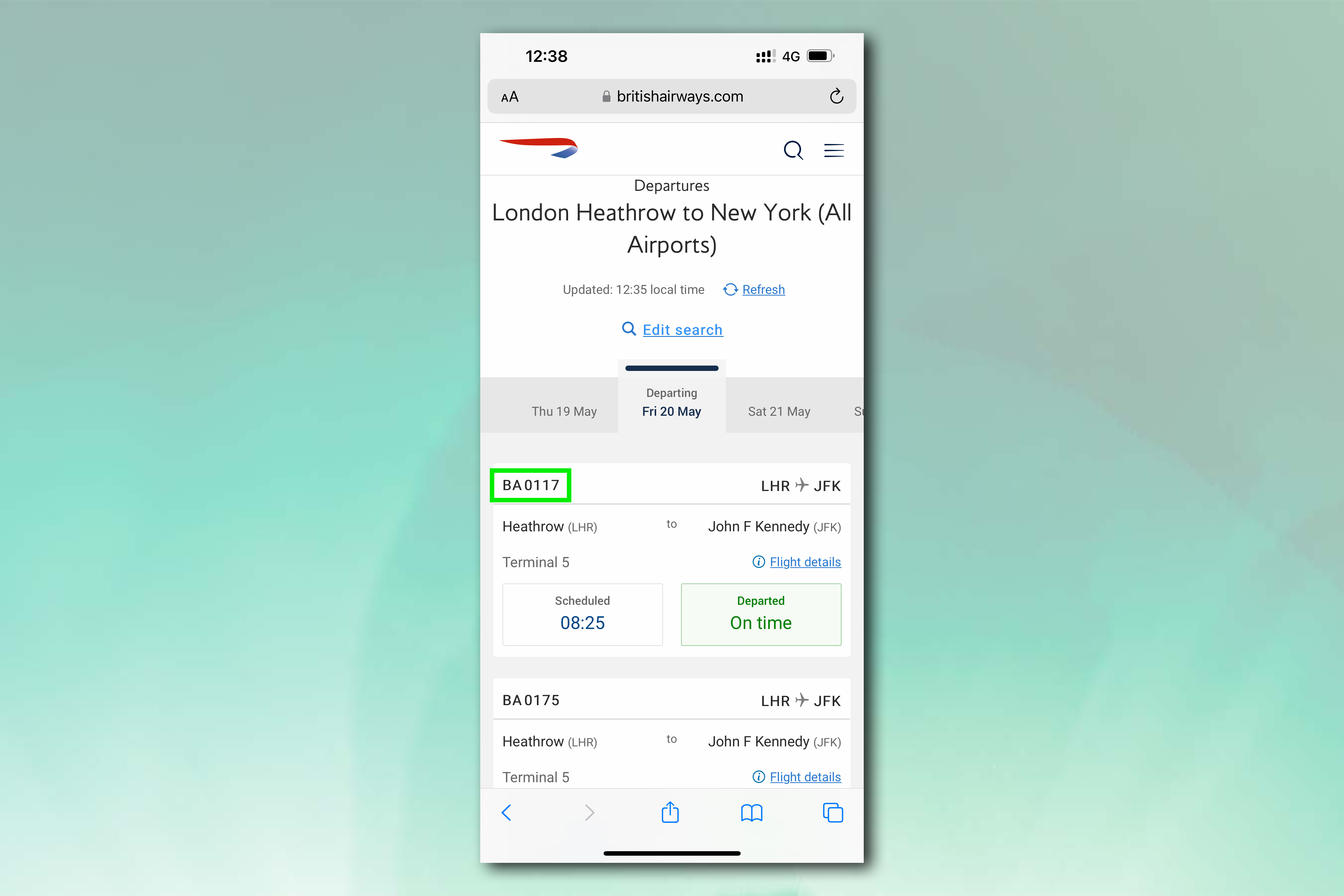 A screenshot showing the British Airways website with a flight number highlighted. The screenshot is set against a green background.