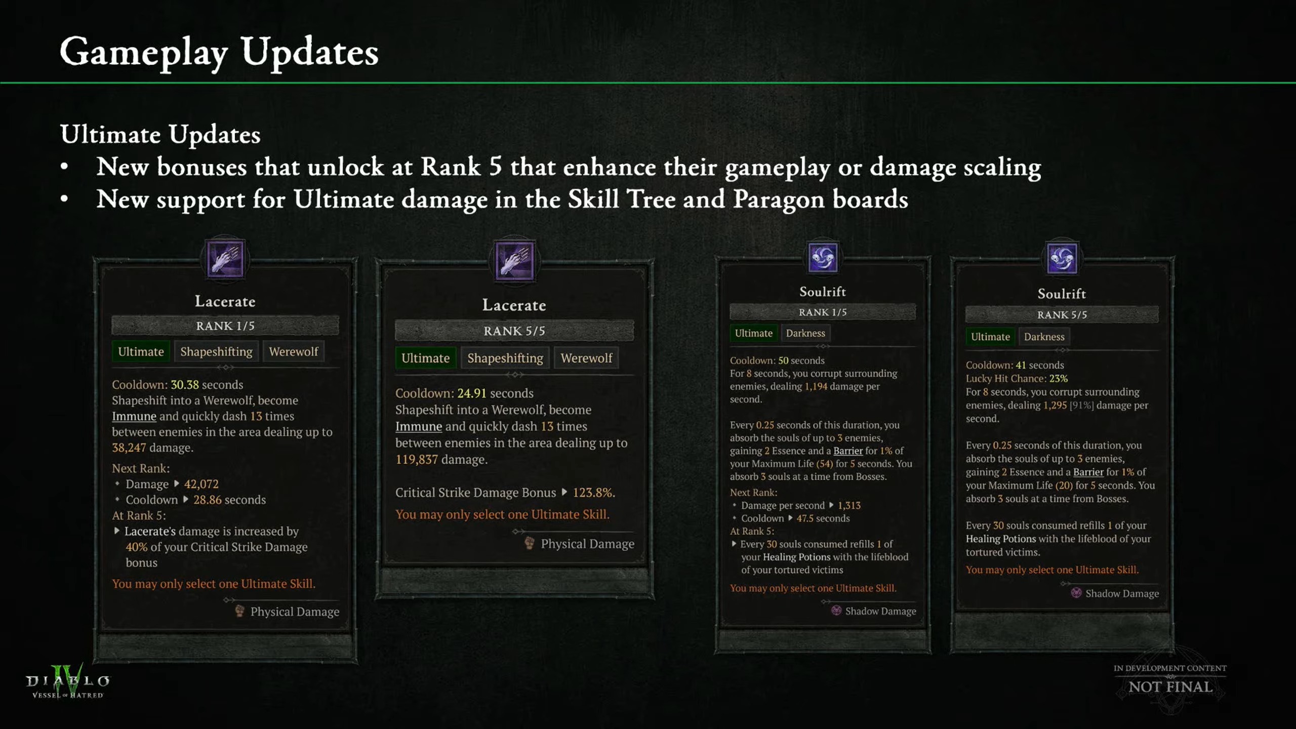 Diablo 4 campfire slides showing changes to Ultimates