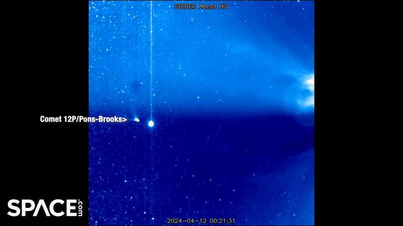 gif animation showing comet 12P/Pons-Brooks shining brightly near Jupiter in the video when a large cme eruption is released from the sun.