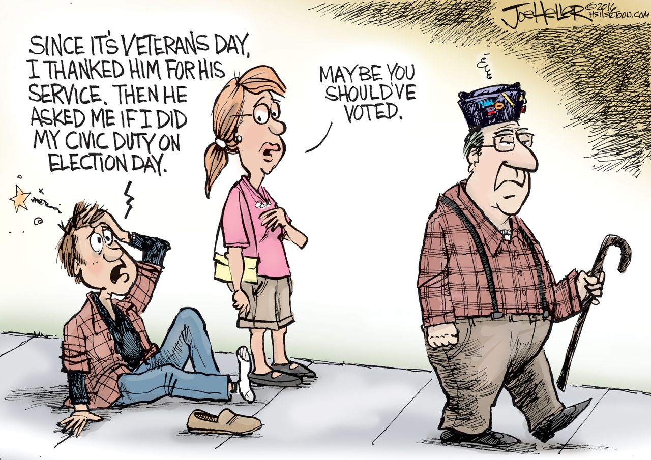 Political cartoon U.S. civic duty voting Veterans Day