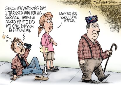 Political cartoon U.S. civic duty voting Veterans Day