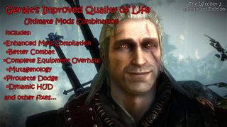 Best Witcher 2 mods — A screenshot of smiling Geralt, with the features of the Improved Quality of Life mod listed alongside