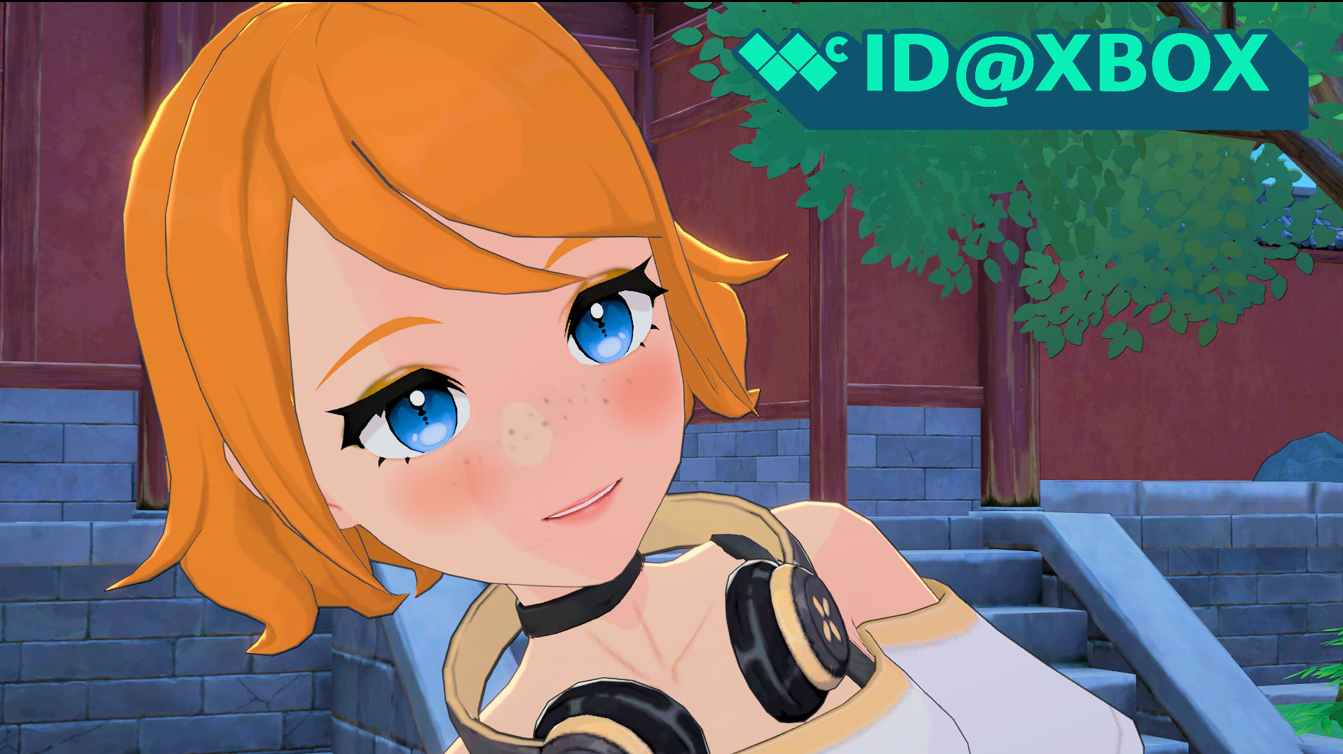 A close up of the player character in Starsand Island customized to have orange hair and blue eyes.