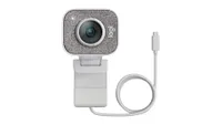 White Logitech StreamCam webcam on white background