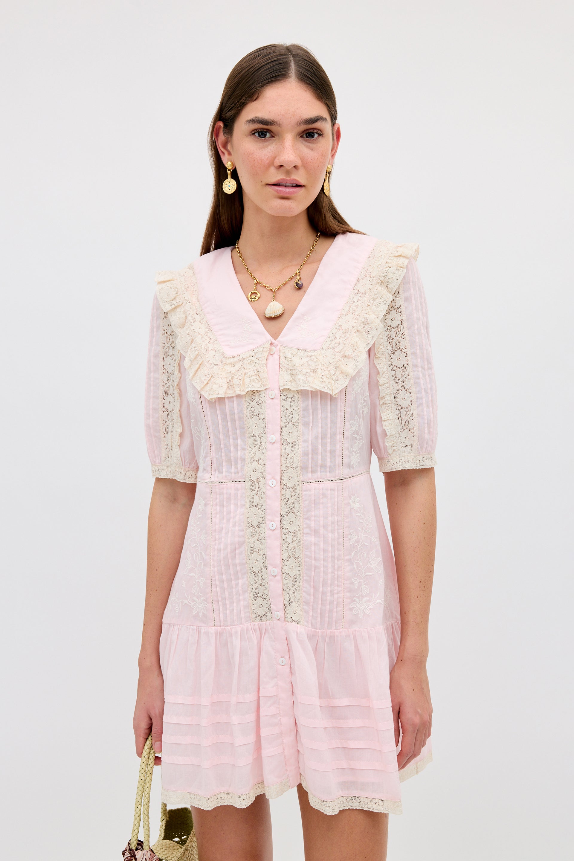 Dove Embroidered Cotton Mini Dress in Pansy Embroidery Vintage Pink