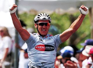 Australian sprinter Robbie McEwen wins the final stage of the 2000 Tour Down Under in the short-sleeved-jersey version of the Farm Frites jacket available on eBay