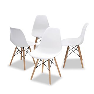 Four white dining chairs with curved backs, light wooden legs, and metal frames