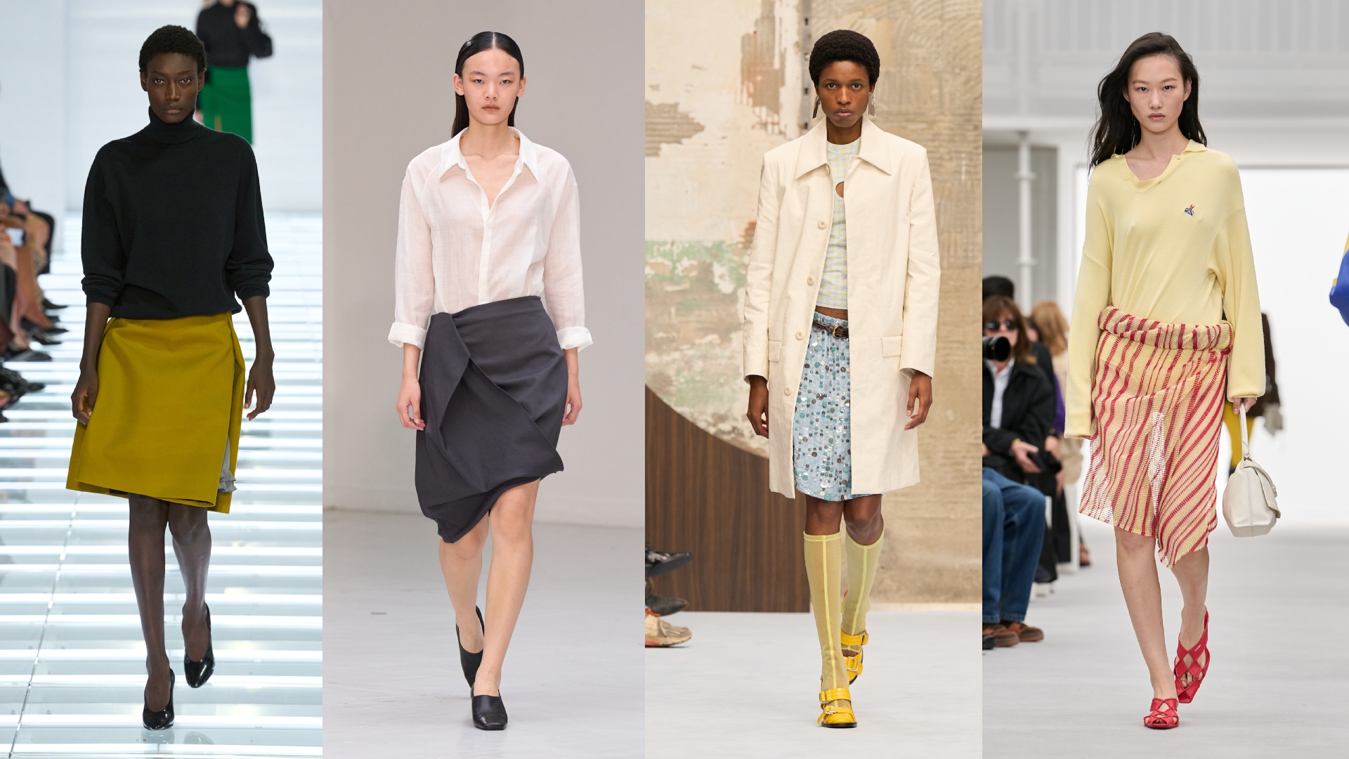 Prada, Ruohan, Marni, Loewe models on the runway during SS27 season wearing knee-length skirts