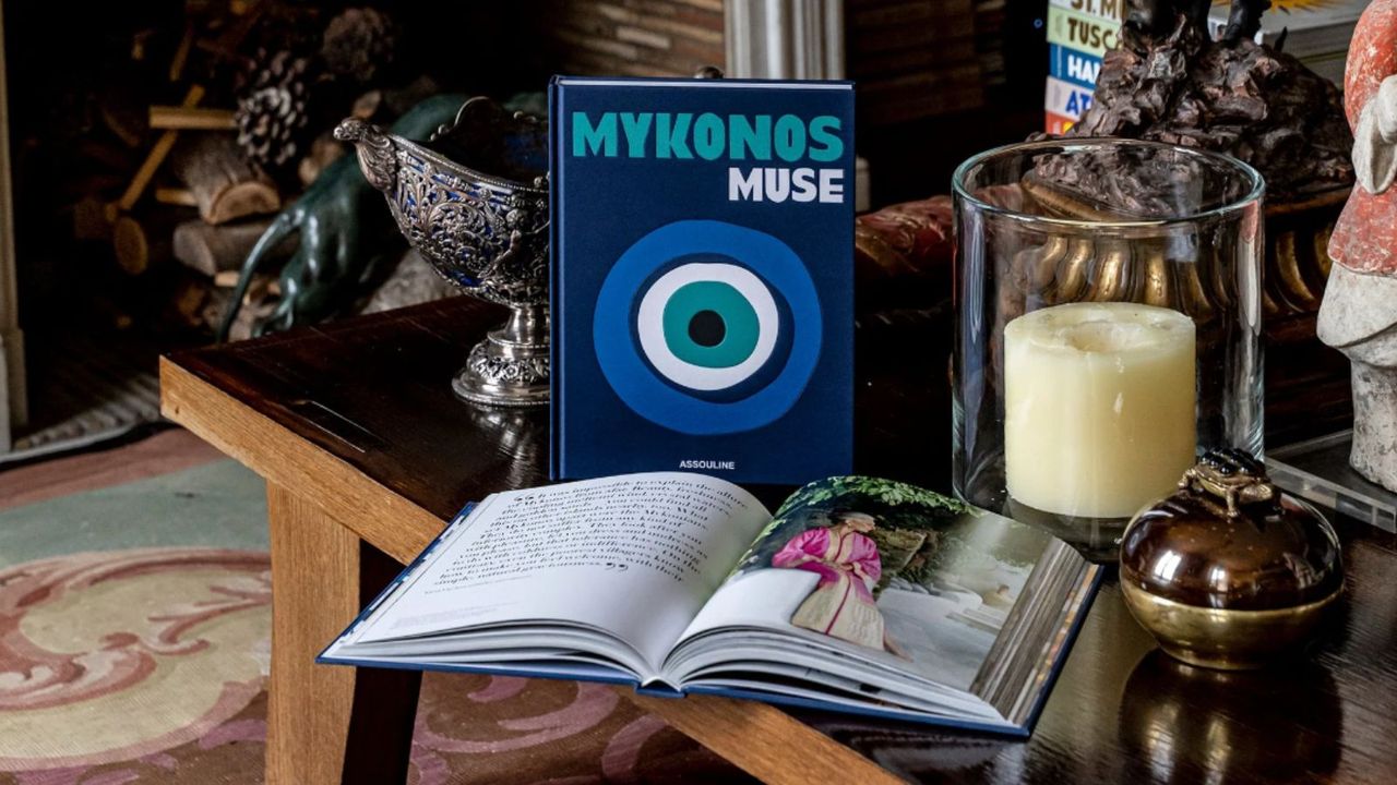 One of the best coffee table books, Assouline&#039;s Mykonos Muse, on a coffee table