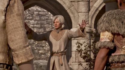 Oblivion Remastered screenshot of NPC preaching with eyes shut