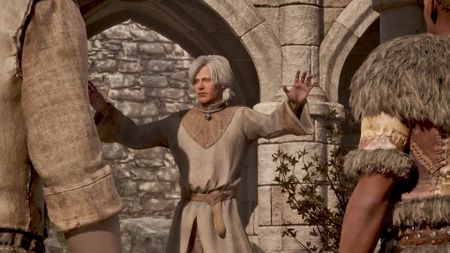 Oblivion Remastered screenshot of NPC preaching with eyes shut