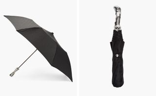 Left, a black open umbrella with a silver handle. Right, a closed black umbrella with a silver handle.