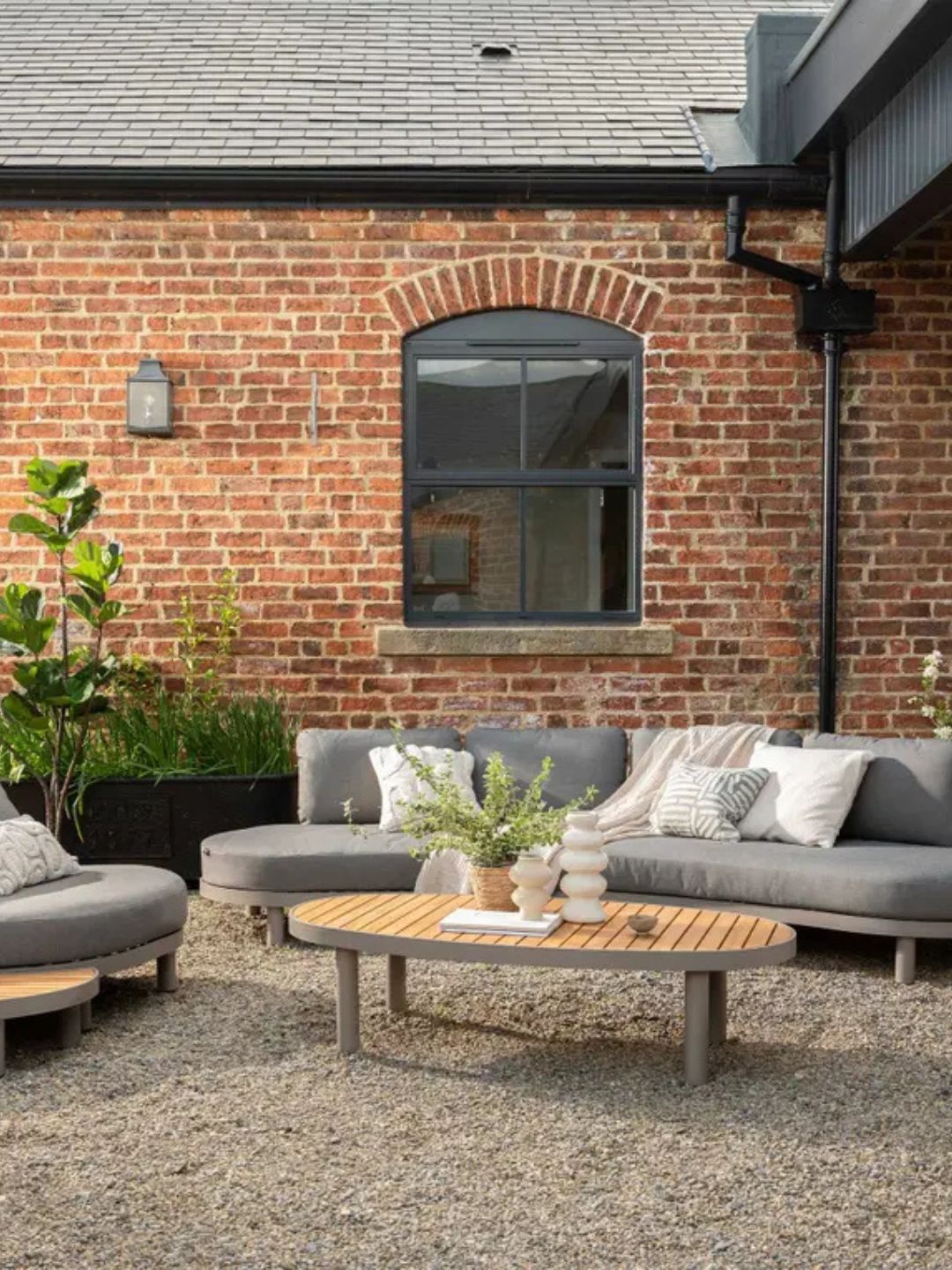 Zamora , Curved Gray Garden Sofa and Teak Outdoor Coffee Table