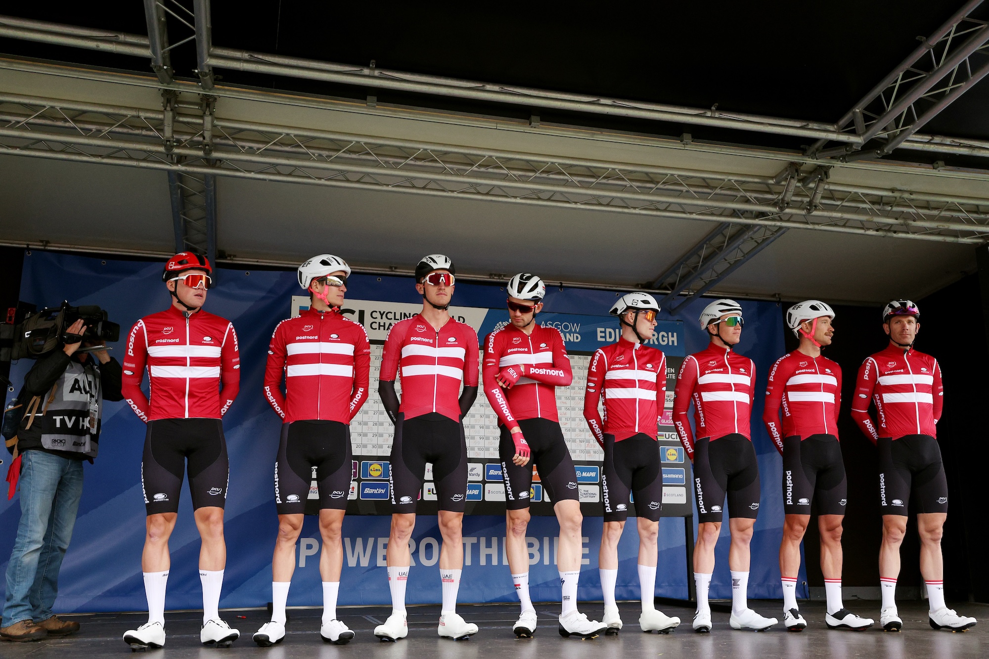 EDINBURGH, SCOTLAND - AUGUST 06: A general view of Kasper Asgreen of Denmark, Mads Pedersen of Denmark, Magnus Cort of Denmark, Mattias Skjelmose of Denmark, Michael M&oslash;rk&oslash;v of Denmark, Mikkel Bjerg of Denmark, Mikkel Honore of Denmark and S&oslash;ren Kragh Andersen of Denmark Team during the team presentation prior to the 96th UCI Cycling World Championships Glasgow 2023, Men Elite Road Race a 271.1km one day race from Edinburgh to Glasgow / #UCIWT / on August 06, 2023 in Edinburgh, Scotland. (Photo by Dean Mouhtaropoulos/Getty Images)