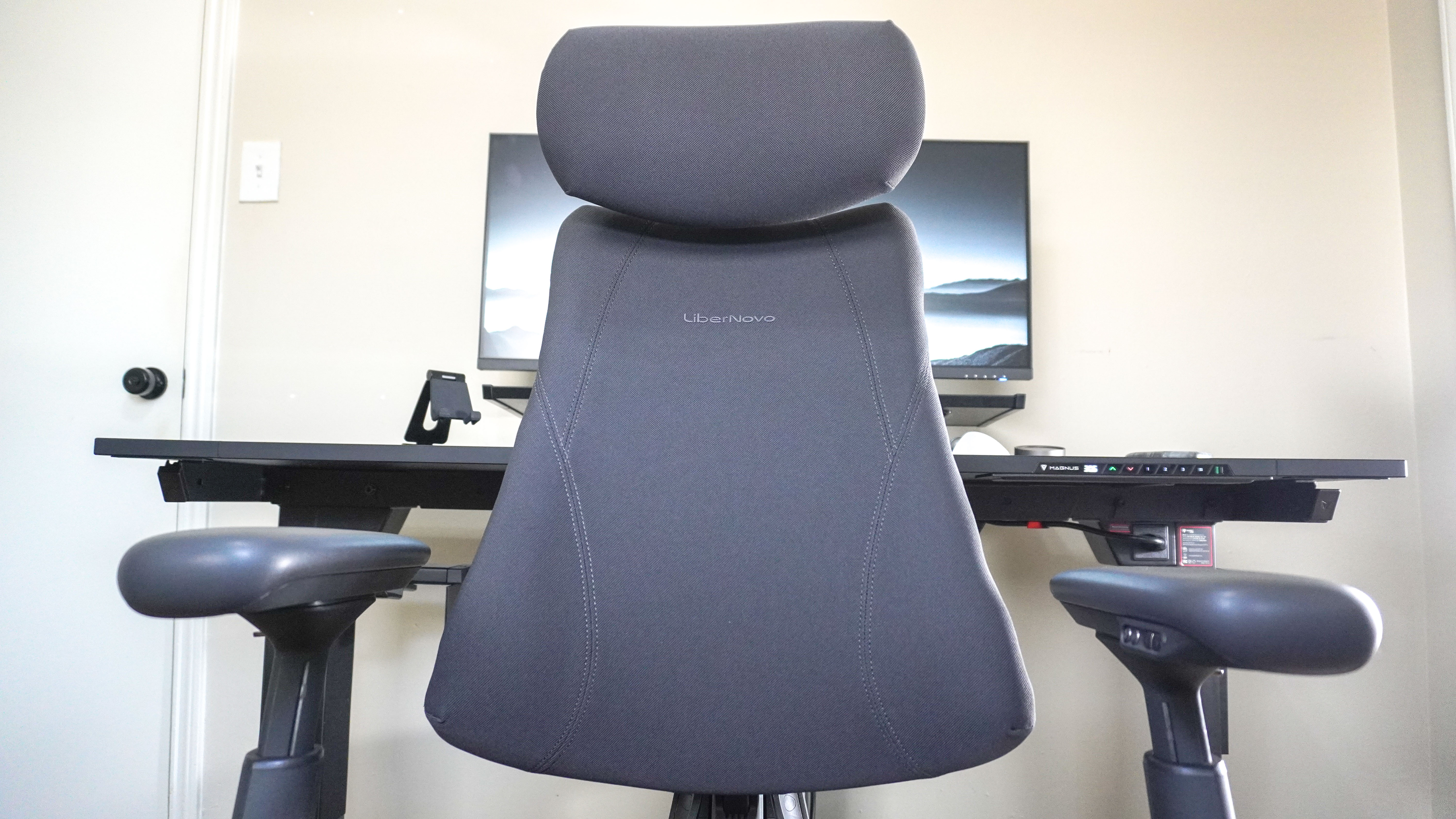 The LiberNovo Omni Pro office chair in front of a desk showing off its upgraded fabric