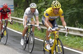 Yellow jersey holder Fabian Cancellara (Saxo Bank) leads white jersey holder Tony Martin (HTC - Columbia).