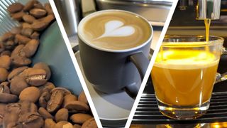 Coffee beans in hopper, latte with heart in gray ceramic cup, and espresso pouring into glass cup