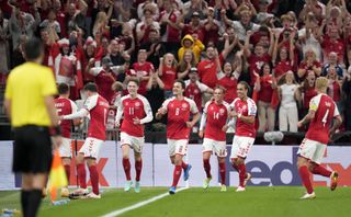 Joakim Maehle celebrates scoring Denmark's second