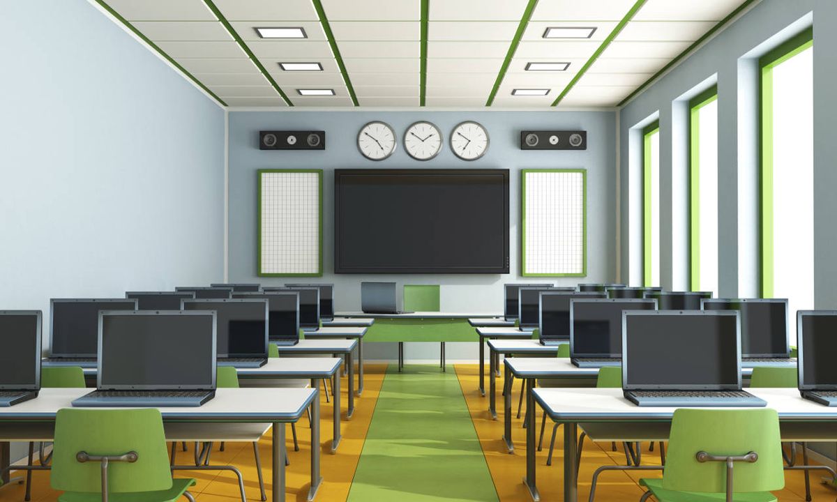 Classroom with laptop computers.