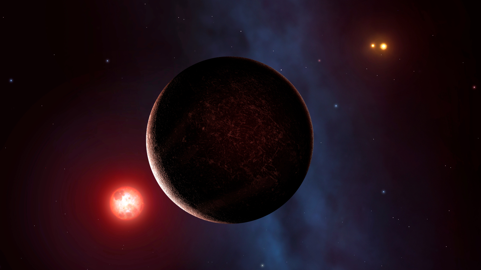 An illustration of Alpha Cantauri with Proxima Centauri and his planet with the other two stars in the background