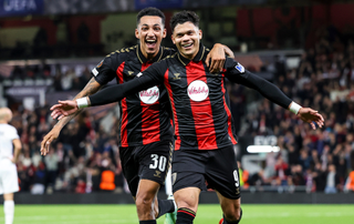Evanilson of Bournemouth celebrates after scoring to make it 1-0 with team-mate Álvaro Rodríguez during the UEFA Europa League 2026/27