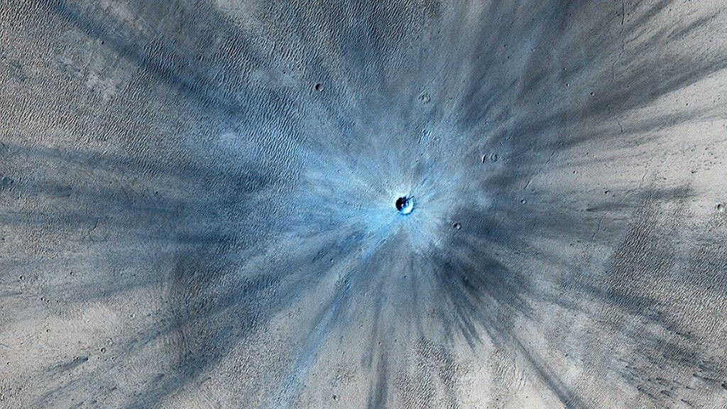 A view from NASA&#039;s Mars Reconnaissance Orbiter of a crater on Mars that formed in 2012.